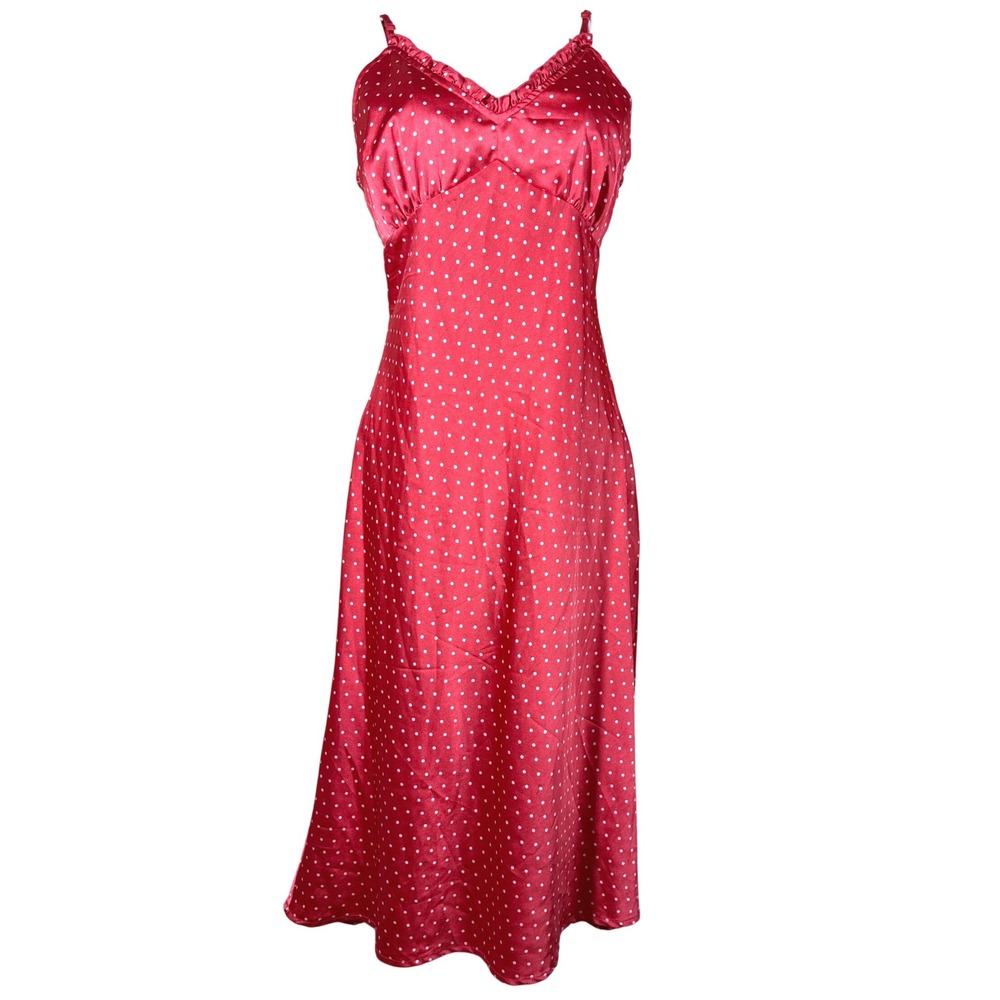 Japna Red Polka Dot Satin Slip Dress Midi Y2K Indie Sleaze Grunge V-Neck Medium